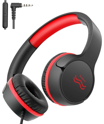 Image of Wired Kids Headphones with Mic, Foldable, Volume Control Safe Listening(85 /94dB), 3.5mm Jack on-Ear Headset for Chilren /Teens /School /Travel /Plane /Ipad /Tablet /Laptop,Black-Red