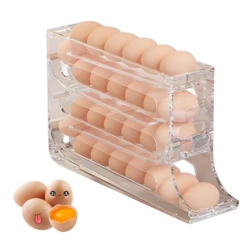 Egg Holder for Fridge, Space Saving Fridge Egg Organizer, 4 Layers Rolling Egg Dispenser Storage 30 Egg, Egg Dispenser for Refrigerator (Transparent)