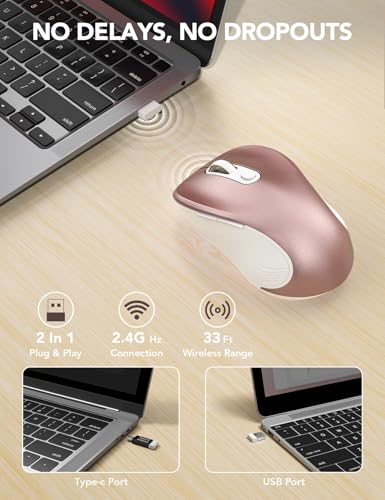 Image of Trueque Wireless Mouse for Laptop, 2.4GHz Ergonomic Computer Mouse with Back & Forward Buttons, 3 Adjustable DPI Levels, 6 Buttons, Optical USB Cordless Mice for Windows PC, M01 (Rose Gold)