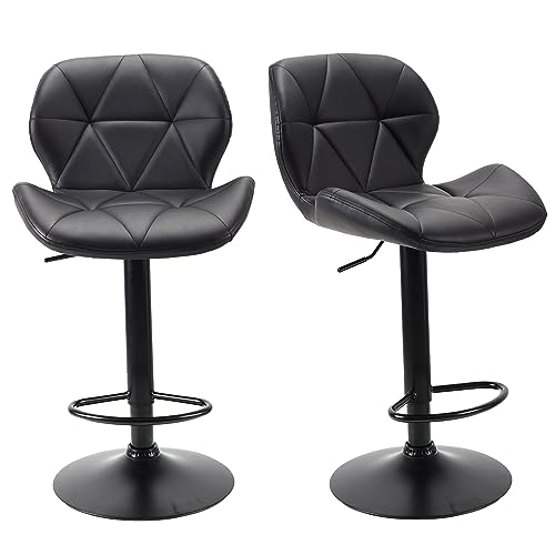 WangPangzi Bar Stools Set of 2 Bar Chairs,Modern Height Adjustable Kitchen Stools With Backs, Swivel Faux Leather Kitchen Island Chairs(All Black)