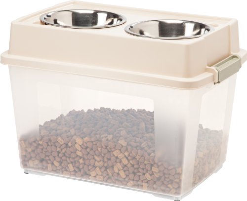 IRIS USA 47 Lbs./45 Qt. Large Elevated Feeder with Airtight Pet Food Storage Container, Dry Food Bin with Removable Dog Bowls in Lid, at Home or Camping Pet Food Container, Clear/Almond