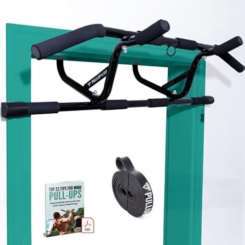 PULLUP & DIP Klimmzugstange für Türrahmen zum Einhängen ohne Schrauben und kein Abrutschen, Profi Türreck, Pull-up Bar mit gepolsterten Griffen inkl. Klimmzug Band + eBook Cover