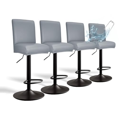 Image of PU Leather Bar Stool Covers with Backs, 4 Pack Stretch Waterproof Bar Stool Chair Covers Washable & Comfortable Barstool Covers Slipcovers with Back for Pub /Counter /Dining Room Decoration (Grey)