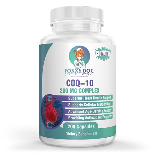 CoQ10 – Co-Enzyme Q10-200 mg – Excellent Value – 200 Caps – Quick Absorption – Veg. Caps – Non-GMO – Ubiquinone – Heart & Cellular Energy & Brain Supplement by Foxxy Doc