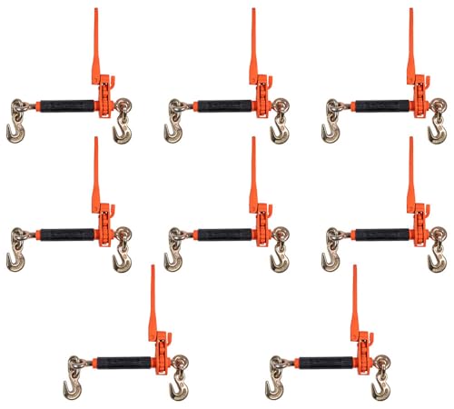 Image of Mytee Products 8 Pack 5 /16 inch - 3 /8 inch Hi-Viz Orange Quick Ratchet Folding Handle Ratchet Load Binder w /Grab Hook 7,100 lbs WLL | Tie Down Hauling Chain Binders for Flatbed Truck Trailer