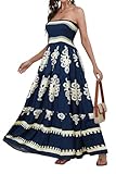 Daenery Women Strapless A Line Maxi Dress Tube Top Backless Casual Summer Dress Navy Blue White