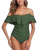 ZINPRETTY Womens Retro One Piece Bathing Suit Tummy Control Off Shoulder Swimsuit Flounce Ruffled Monokini Full Coverage