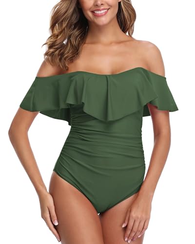ZINPRETTY Womens Retro One Piece Bathing Suit Tummy Control Off Shoulder Swimsuit Flounce Ruffled Monokini Full Coverage