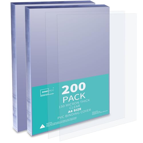 Binditek 200 Pack 150 Micron A4 Binding Covers, PVC Clear Binding Covers, Square Corners, Un-Punched, Office and School Supplies