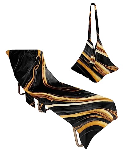 Marble Black Beach Chair Towel Covers for Chaise Lounge with Side Pocket, Soft Plush Pool Towels Cover for Patio Sunbathing Outdoor 29''x85'' Modern Abstract Gold Aesthetics Decor