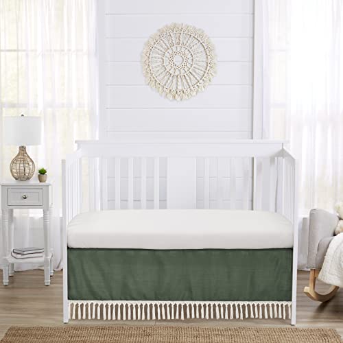 Sweet Jojo Designs Dark Green Boho Chic Girl Boy Unisex Baby Crib Bed Skirt Nursery Dust Ruffle Solid Sage Hunter Ivory Bohemian Gender Neutral Linen Macrame Modern Farmhouse Designer Minimalist Tuft #TOP2