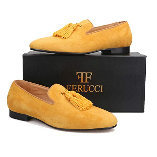 FERUCCI Men Yellow Gold Suede Slippers Loafers Flat with Big Yellow Gold Tassel2