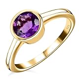 TJC Natural Amethyst Solitaire Ring In 14ct Yellow Gold Plated 925 Sterling Silver Engagement Ring for Women Size O Bezel Setting February Birthstone