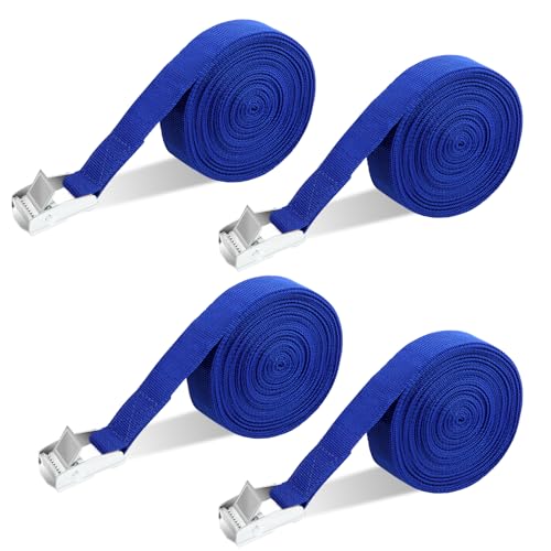 6M Sangle d'arrimage, 4 Pieces Sangles de Serrage à cliquet en Une Partie, Sangle à Griffe avec Boucle de Serrage, Capacité de Charge 250kg, pour Transport de Vélo Moto Bagage, Bleu