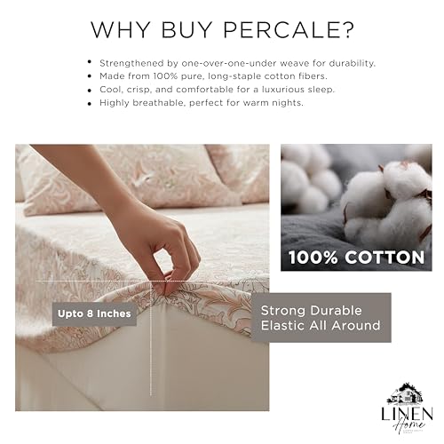 Image of Linen Home Cotton Percale Fitted Bedsheet Set Queen Size Damask Pink