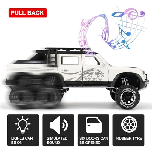 Image of 1:24 Scale 6X6 Defender Toy Car for Kids Diecast Metal Cars Model Defender Cars Light Sound Pull Back Openable Door, Black