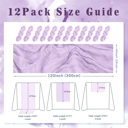 12 Pack Lilac Cheesecloth Table Runner 10FT Rustic Gauze Cheese Cloth Table Runner for Wedding 20 x 120 Inch Long Bridal Baby Shower Table Decor Boho Fabric Sheer Birthday Party Table Decorations by Foliafeel - Used condition - Image 2