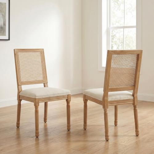 Vintage French Country Rattan Cane Back Linen Dining Chairs Set of 2, Beige
