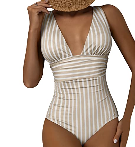 Maillot de Bain Natation Femme 1 Piece Rayé Monokini Swimsuit Women Trikini Maillot de Bain Une Piece Femme 1 Pieces Amincissant Plage Bikini Triangle Maillots de Bain Une Pièce Piscine Femme Marron S