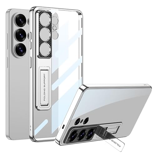 Image of TechTrendz for Samsung Galaxy S26 Ultra Back Cover with Stand, Electroplating Phone Case Clear Hard PC Kickstand Shockproof Cover for Galaxy S26 Ultra Camera Protection Cover (Silver)