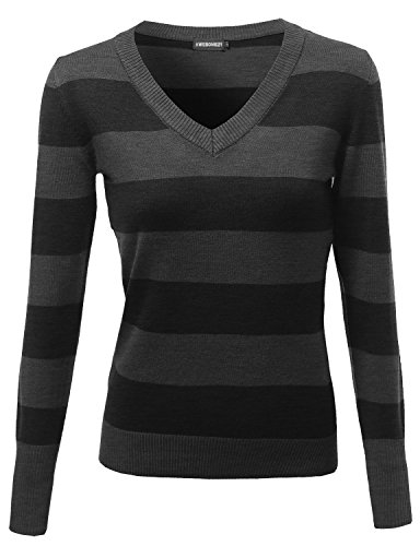 Awesome21 Women's Basic V-Neck Stripe Long Sleeves Knit Sweatshirt