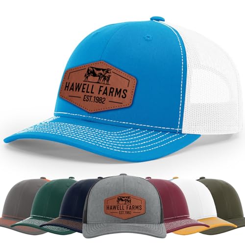 Personalized Cow Calf Farm Name with Est Date Real Leather Ranch Brand, Custom 112 trucker hat, Leather Patch Hat, 6 Panel Structured Baseball Cap, Bulk Hats for Business