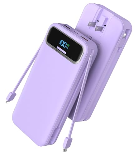 Image of Nusyddy Portable Charger 20000mAh 22.5W w /Built-in Cables & Wall Plug Purp. | 22.5W Fast Charging, High Capacity, LED Display, Charge 5 Devices at once, TSA Approved, Compatible with iPhone /iPad /Samsung