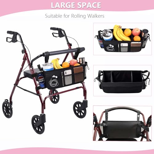 Image of Upgraded Rollator Basket Foldable Rollator Walker Storage Bag with Cup Holder for Seniors with Big Capacity,Never Tipping Over and Easy to Use,Best Present for Family
