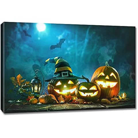 gaosoul Halloween Wall Decoration Smiling Creepy Pumpkin Lantern Canvas Wall Art Witch Hat on Evil Pumpkin Blue Eerie Forest Under the Moon Framed Poster Decor for Living Room Bedroom 36x24in Cover