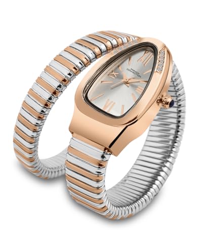 Image of French Connection Eternelle Curve | Silver Dial with Rose Gold Case | Flexible Wrap Bracelet Strap | Crystal Accent Design | Roman Numerals Analog Watch for Women - FCN0142SRTM