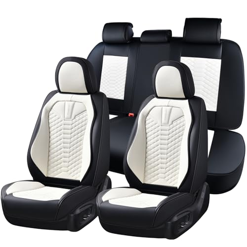 Coverado Leather Seat Covers, Car Seat Covers Full Set, Waterproof Nappa Leather Car Seat Cover, Car Seat Protectors 5 Seats, Black & White Automotive Seat Covers Fit for Most Cars Trucks