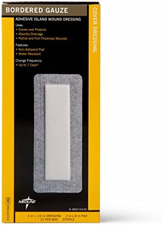 Medline Bordered Gauze, 4" x 10" Adhesive Island Wound Dressing, Sterile, 15 Count