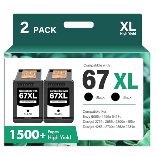 67XL 67 XL Black Ink Cartridges 6055e 2800e Ink for HP67XL Compatible for HP 2700 2800 6000 Series Printers DeskJet 2755e 2855e 4155e 4255e Envy 6400 6455e 6458e (2-Pack)