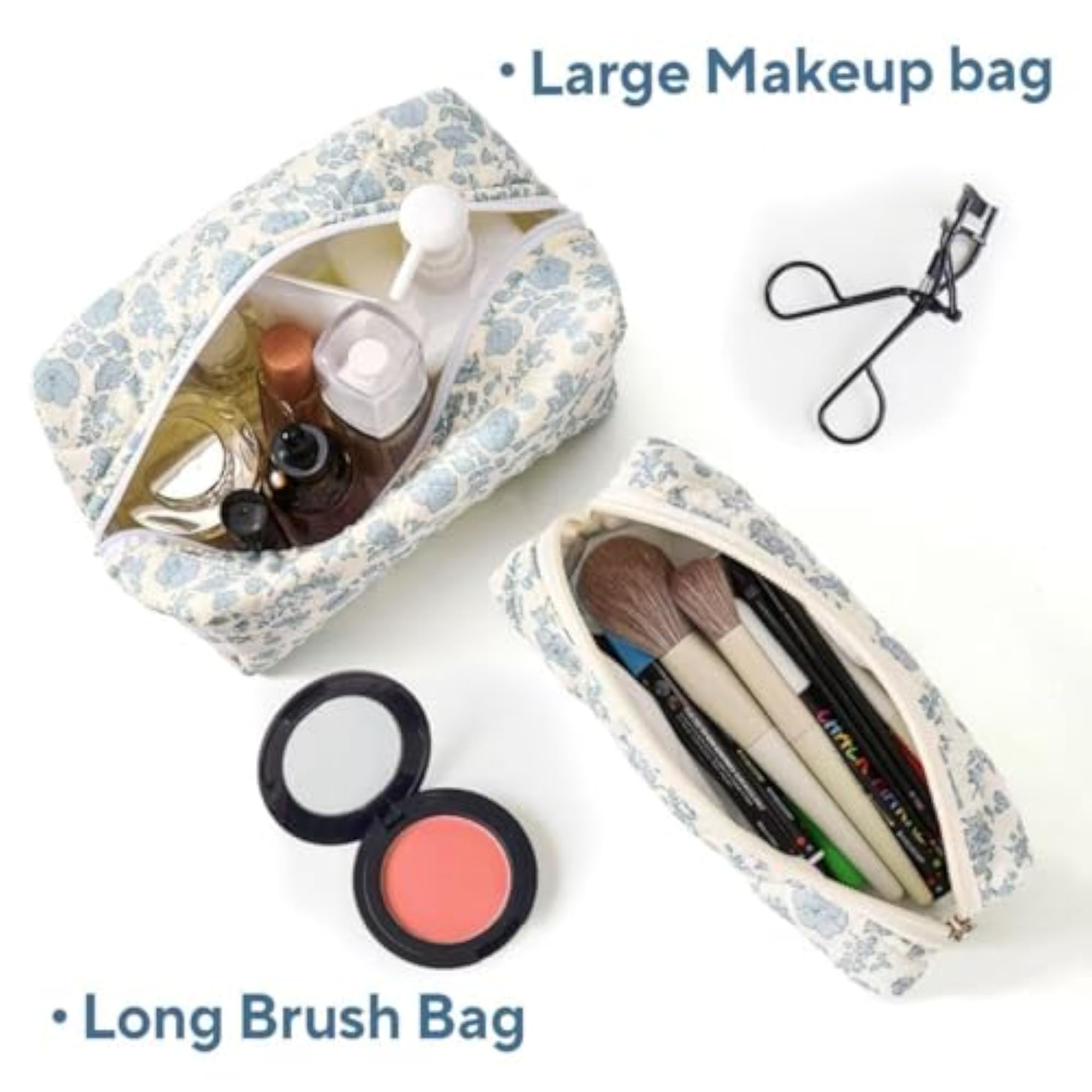2 Pcs Cute Floral Quilted Makeup Bag Set for Women