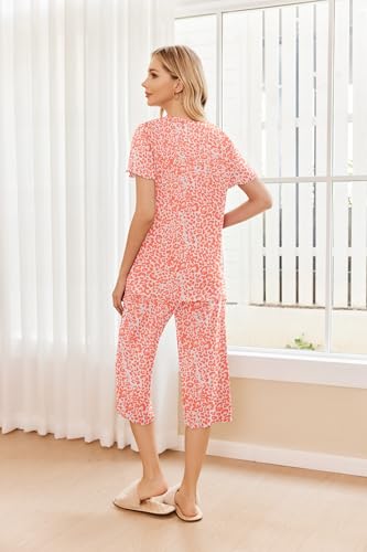 Image of Ekouaer 2 Pack: Women's Pajamas Set Short Sleeve Sleepwear Capri Pants Pjs Soft Loungewear with Pockets