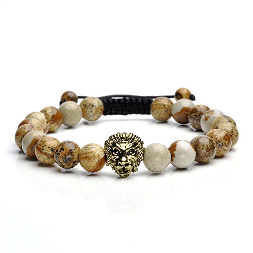 Jovivi 5 Pcs 8Mm Handmade Natural Stone Bead Bracelets For Men Women Adjustable Lava Rock/Matte Agate/Picture/Dragonstone Lion Head Gemstone Beaded Bracelet Set Essential Oil Anxiety Jewelry #TOP1
