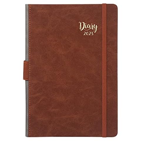 2023 Diary - 2023 Diary A5 Page a Day from January to December 2023, Leather Hardcover with Monthly Tabs & Inner Pocket, 14.3 X 21 cm - Brown Cover