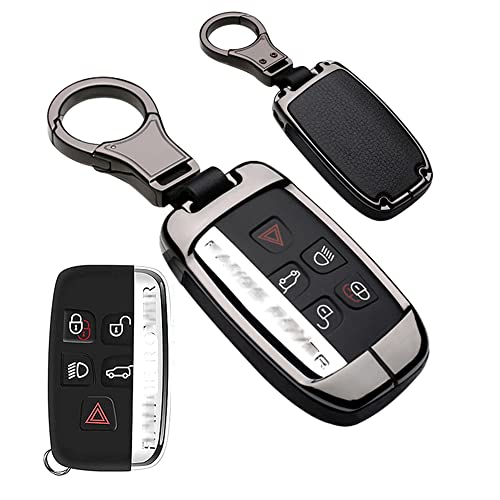 ontto Compatible with Land Rover Key Fob Cover Keyless Prevent Scratches Metal Leather Key Protector Skin Shell Keychain Fit for Range Rover Sport Dsicovery LR4 Black