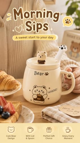 NQQNQQ Bear/Beige 400ML Ceramic Coffee Mug with Lid and Claw Spoon, Cute Bear-Themed Mug for Tea & Coffee for Holidays and Celebrations - image 4