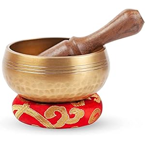 Tibetan Singing Bowl Set – Easy To Play for Beginners – Authentic Handcrafted Mindfulness Meditation Holistic Sound 7 Chakra Healing Gift by Himalayan Bazaar (3 Inch, Gold)