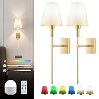 Warmiehomy Battery Operated Wall Lights Set of 2, Rechargeable Wireless Wall Sconces with Remote & Dimmable Bulb, 16 RGB Colors & 3 Color Temperature, Cordless Wall Lamp for Living Room Bedroom, Gold