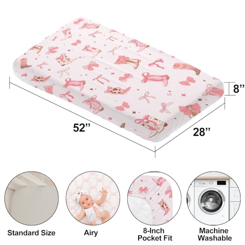 Image of 4 Pack Pink Bow Crib Sheet Set for Girl, Soft Breathable Fitted Pink Crib Sheet 28 x 52 in, Cowgirl Nursery Decor for Standard Crib and Toddler Bed Mattresses