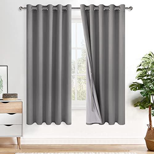 XWZO 100% Blackout Curtains with Tiebacks- Heat and Full Light Blocking Window Panels with Grommets for Bedroom/Nursery, 63 Inches Long Thermal Insulated Draperies, Grey, W60 x L63, Set of 2