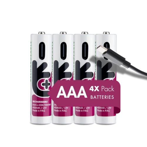 Mini AAA Rechargeable Batteries USB-C Cable 1.5 V 400 mAh HR3 Uniross Lithium Battery for Keyboards Mouse Wireless Remote Controls and Radio Controlled Toys Long Life– 4 Batteries