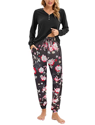 Famulily Pyjamas for Women Set Cotton V-Neck Soft Loungewear Winter Pjs Set Long Sleeve Sleepwear with Pockets Coffee XXL