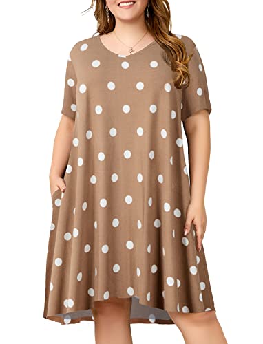 Image of OVERWORETY Womens Short Sleeve Plus Size T-Shirt Dress V Neck Casual Loose Swing A-Line Summer Tunic Dresses with Pockets
