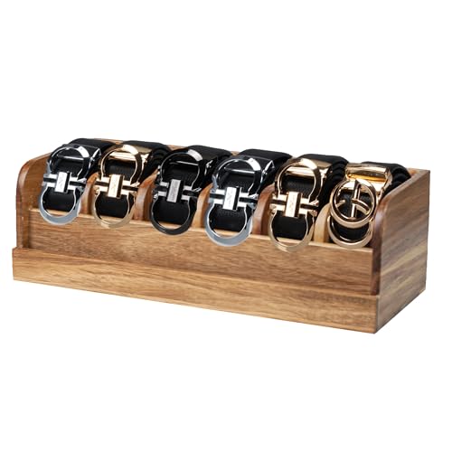 MinBoo Acacia Wood Belt Organizer Box,6 Grids Belt Rack for