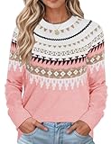 LOMON Women Trendy Casual Lightweight Sweaters 2025 Fall Colorful Ribbed Knit Business Jumper Tops Pink Fair Isle M