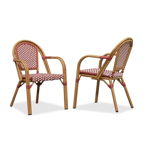 Image of PURPLE LEAF Outdoor French Bistro Armchairs Set of 2, Bamboo Finish, Red