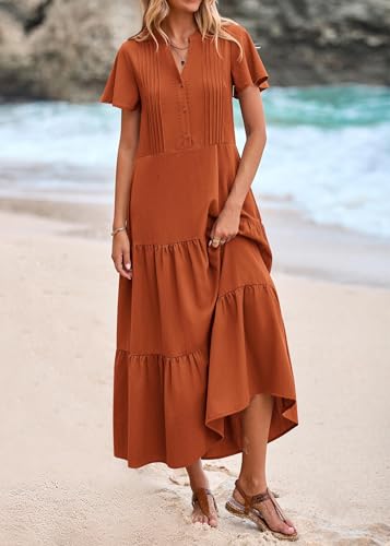 Image of KIRUNDO Summer Maxi Dresses for Women 2026 | Spring Fashion Short Sleeve Tiered Flowy Dress, Button V Neck, Pleated, Loose Fitting, Nursing & Bump Friendly, With Pockets
